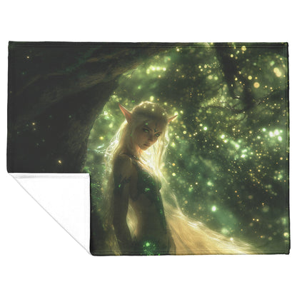 Blood Elf Hunter Fleece Sherpa Blanket Enchanted Forest Golden Mist Green Light Trails Elegant WoW Design - Awakening Righteousness
