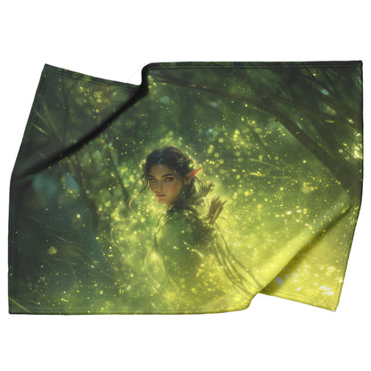 Blood Elf Hunter Fleece Sherpa Blanket Enchanted Forest Golden Mist Green Light Trails Serene Elegant Design - Awakening Righteousness