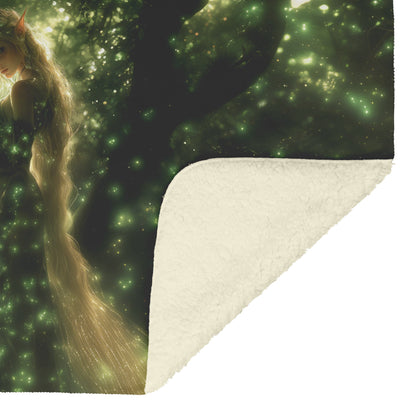 Blood Elf Hunter Fleece Sherpa Blanket Enchanted Forest Golden Mist Green Light Trails Serene Elegant WoW Design - Awakening Righteousness