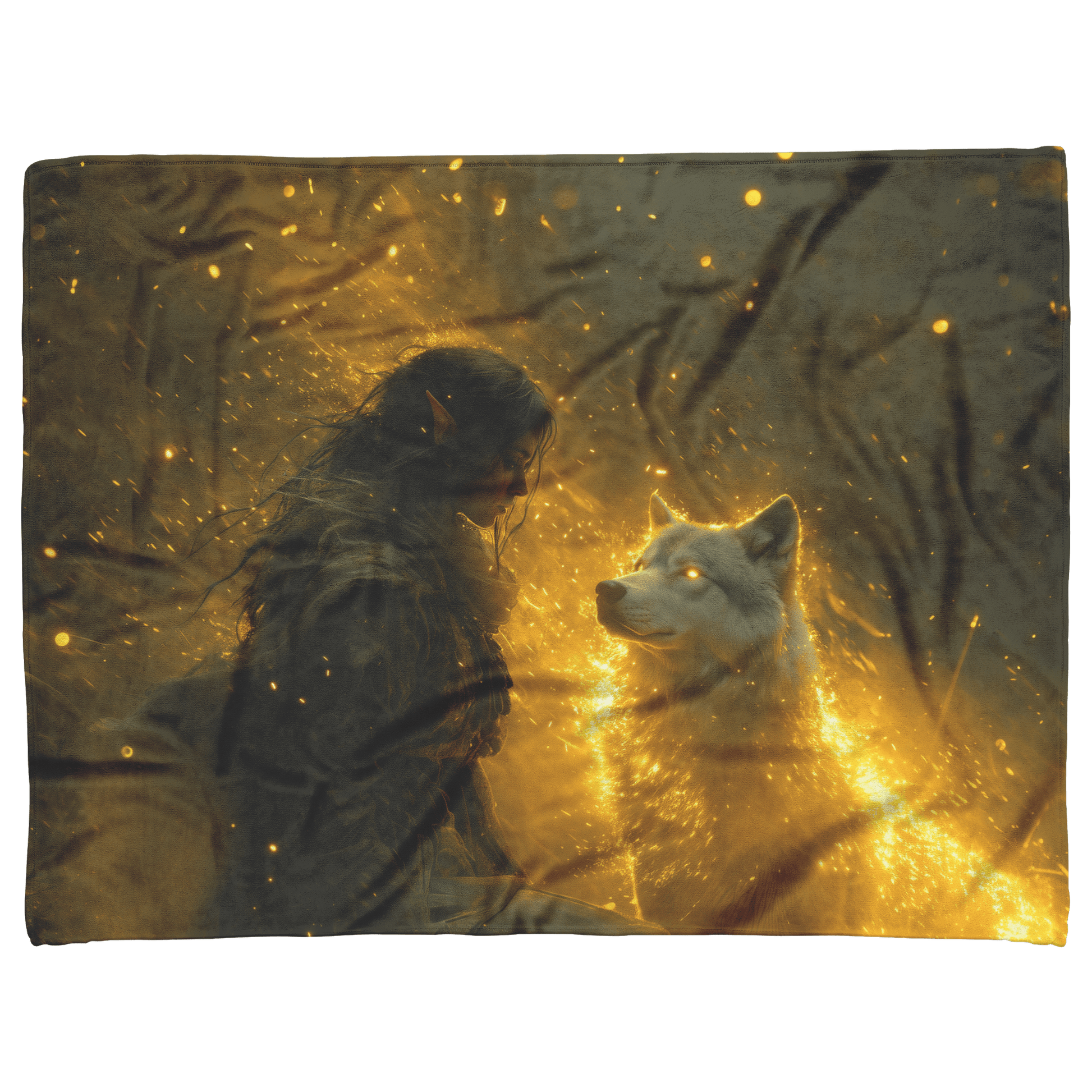 Blood Elf Hunter Fleece Sherpa Blanket Radiant Wolf Golden Light Trails Cascading Textures Serene Inspiring WoW Design - Awakening Righteousness