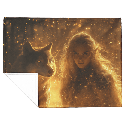 Blood Elf Hunter Fleece Sherpa Blanket Radiant Wolf Golden Light Trails Cascading Textures Serene Inspiring WoW Design - Awakening Righteousness