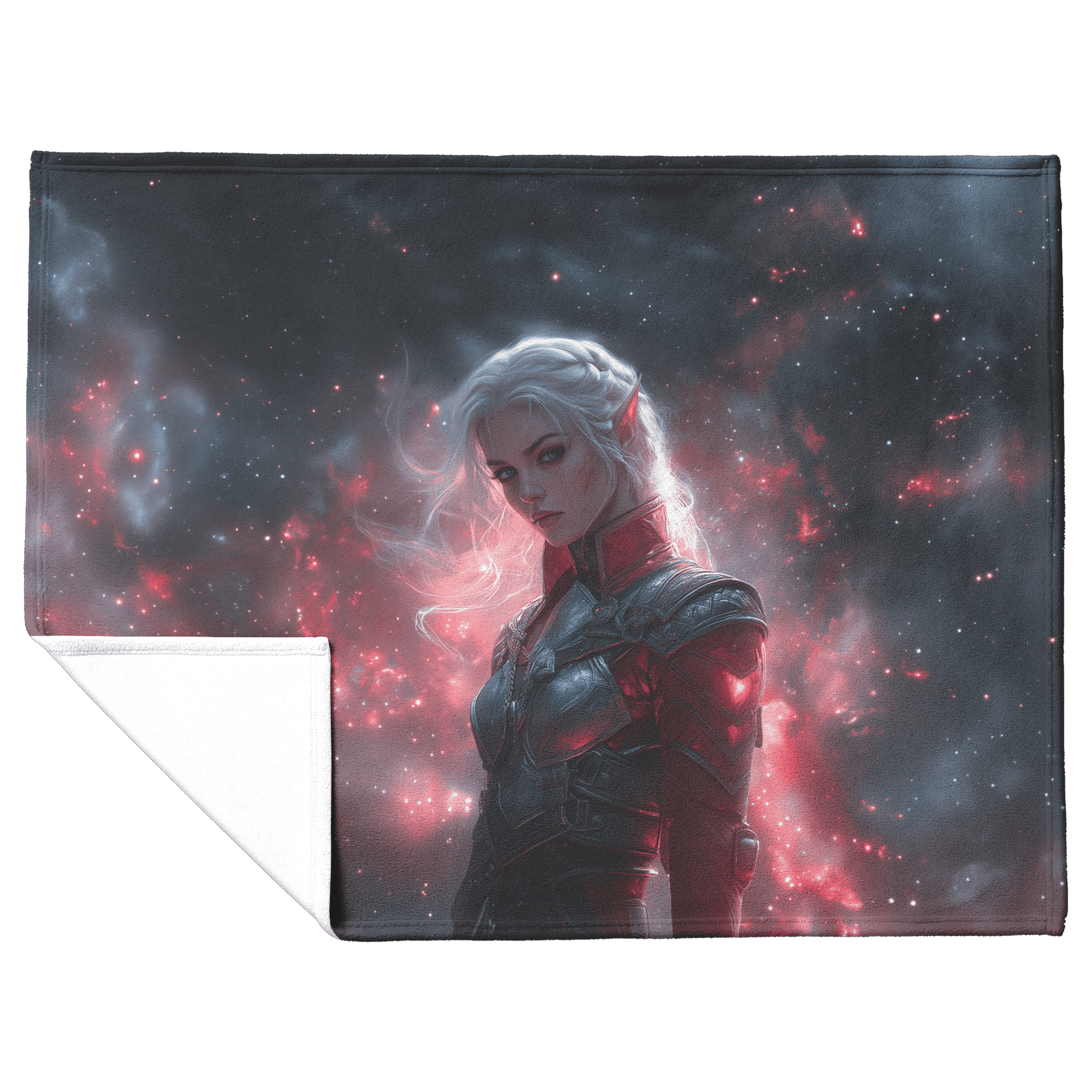 Blood Elf Hunter Fleece Sherpa Blanket Silver Crimson Armor Cosmic Mist Glowing Stars Powerful Majestic Design - Awakening Righteousness