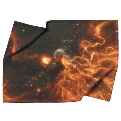 Blood Elf Mage Fleece Sherpa Blanket Fireball Red Orange Trails Golden Textures Cascading Stars Bold Vibrant Design - Awakening Righteousness