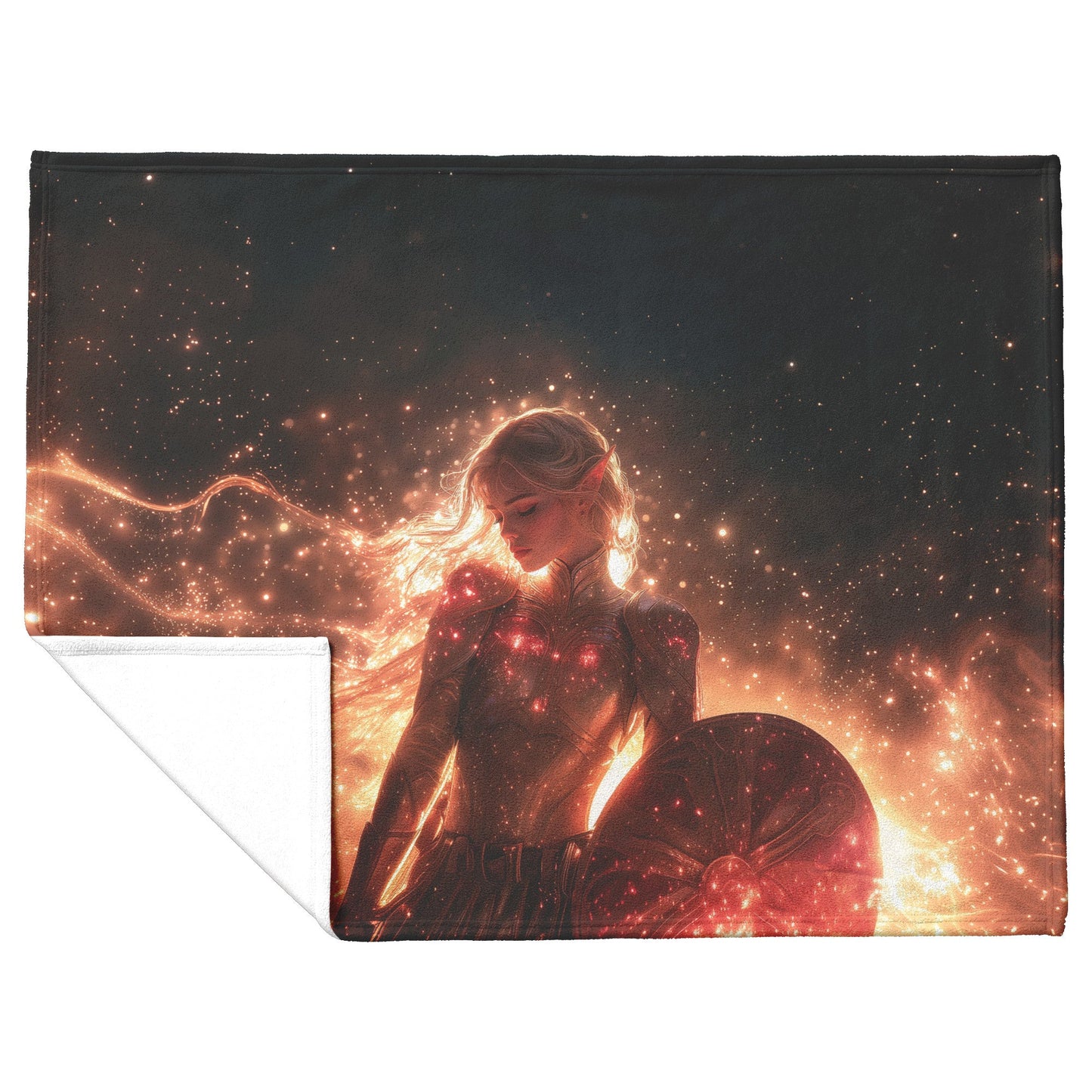 Blood Elf Paladin Fleece Sherpa Blanket Gold Crimson Armor Radiant Shield Cosmic Stars Glowing Accents Bold Elegant WoW Design - Awakening Righteousness