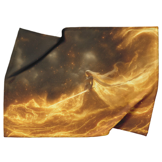 Blood Elf Paladin Fleece Sherpa Blanket Golden Battlefield Radiant Sword Shimmering Stars Majestic Inspiring WoW Design - Awakening Righteousness