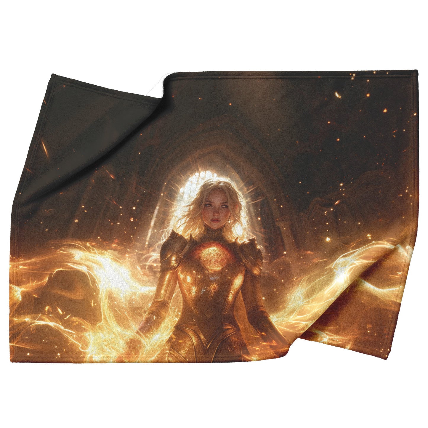 Blood Elf Paladin Fleece Sherpa Blanket Sunlit Temple Golden Armor Light Rays Radiant Accents Peaceful Powerful Design - Awakening Righteousness