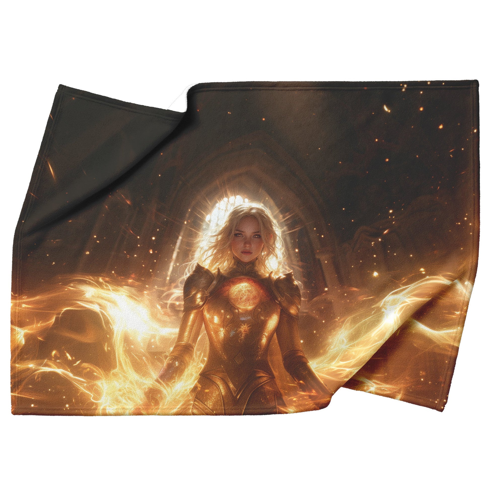 Blood Elf Paladin Fleece Sherpa Blanket Sunlit Temple Golden Armor Light Rays Radiant Accents Peaceful Powerful Design - Awakening Righteousness