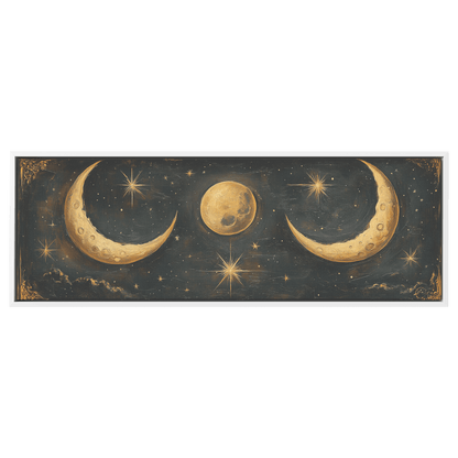 Bold Celestial Boho Pattern Crescent Moons Radiating Starbursts Earthy Mustard Beige Tones Ultra High Definition Refined Details Panoramic Framed Canvas Wall Art - Awakening Righteousness
