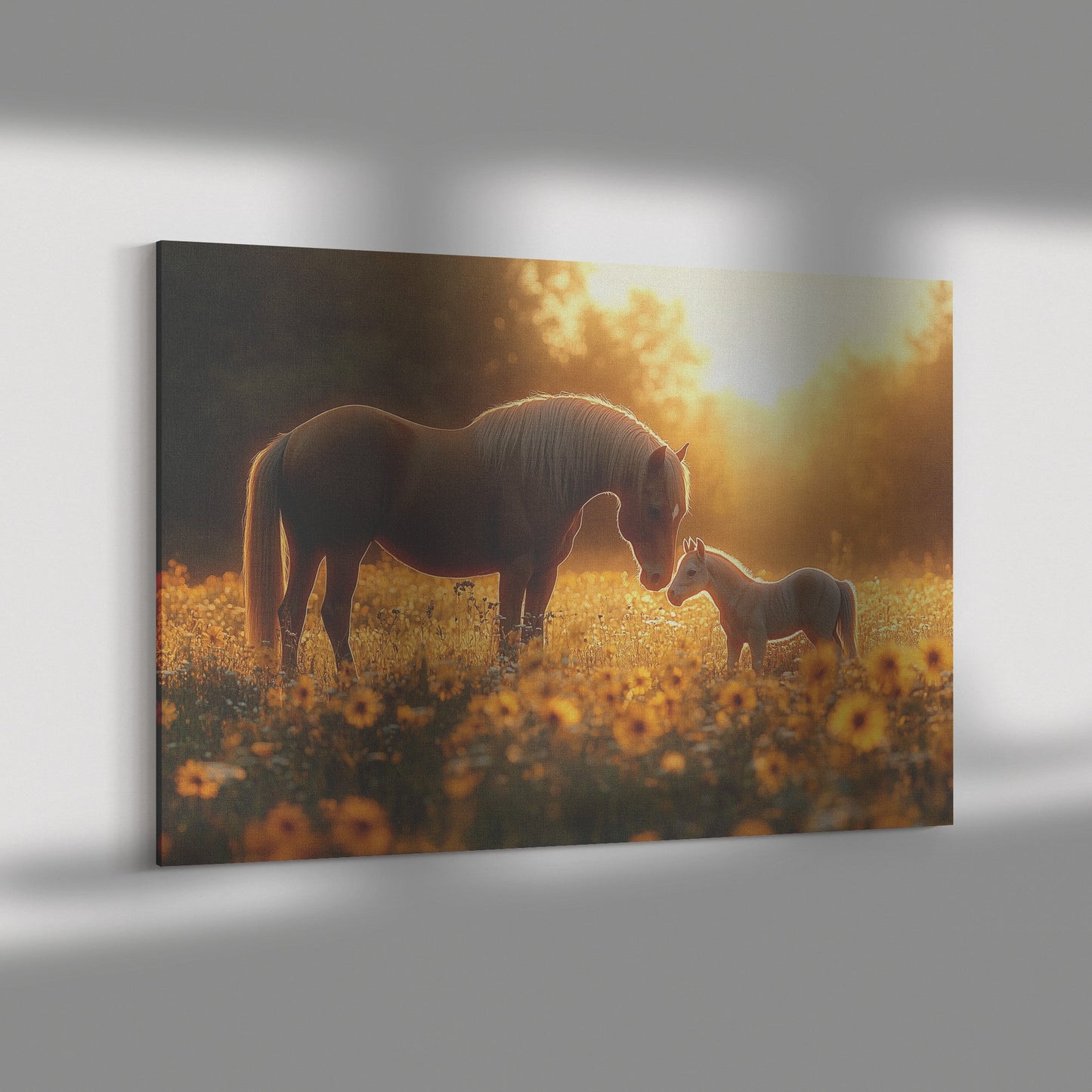 Brown Mare and Foal Canvas Wall Art Decor Grazing in Wildflower Meadow Under Soft Golden Sunlight with Hyperrealistic Textures - Awakening Righteousness