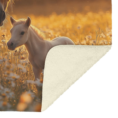 Brown Mare and Foal Grazing in Wildflower Meadow Under Soft Golden Sunlight Fleece Sherpa Blanket - Awakening Righteousness