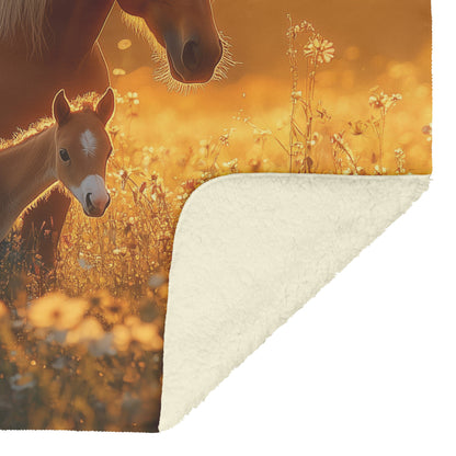 Brown Mare and Foal Grazing Peacefully in Wildflower Meadow Under Soft Golden Sunlight Cozy Fleece Sherpa Blanket - Awakening Righteousness