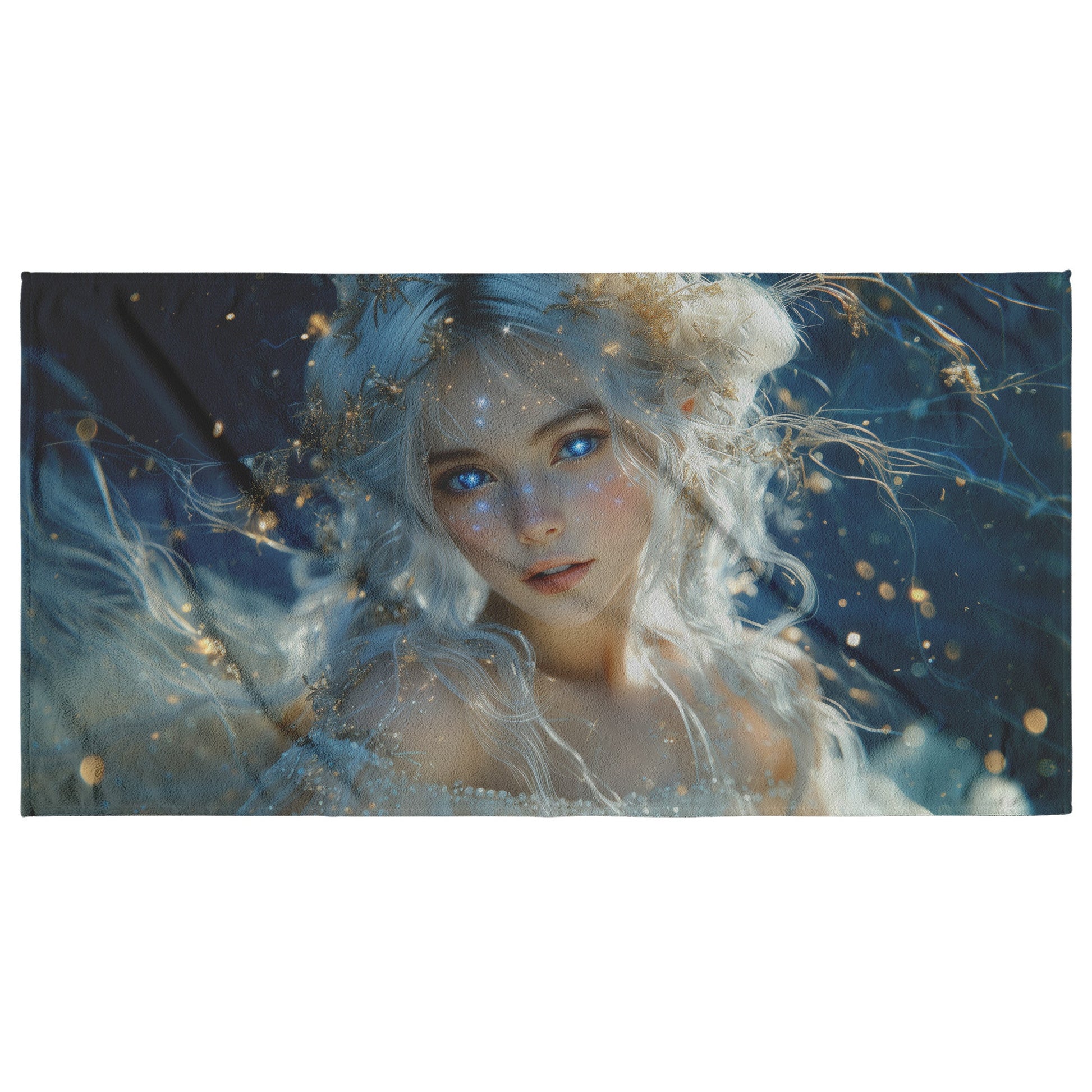 Celestial Goddess Glowing Star Crown Ethereal White Hair Galaxy Blue Eyes Gown of Stars Navy Skies Luminous Highlights - Awakening Righteousness