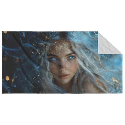 Celestial Goddess Glowing Star Crown Ethereal White Hair Galaxy Blue Eyes Gown of Stars Navy Skies Luminous Highlights - Awakening Righteousness