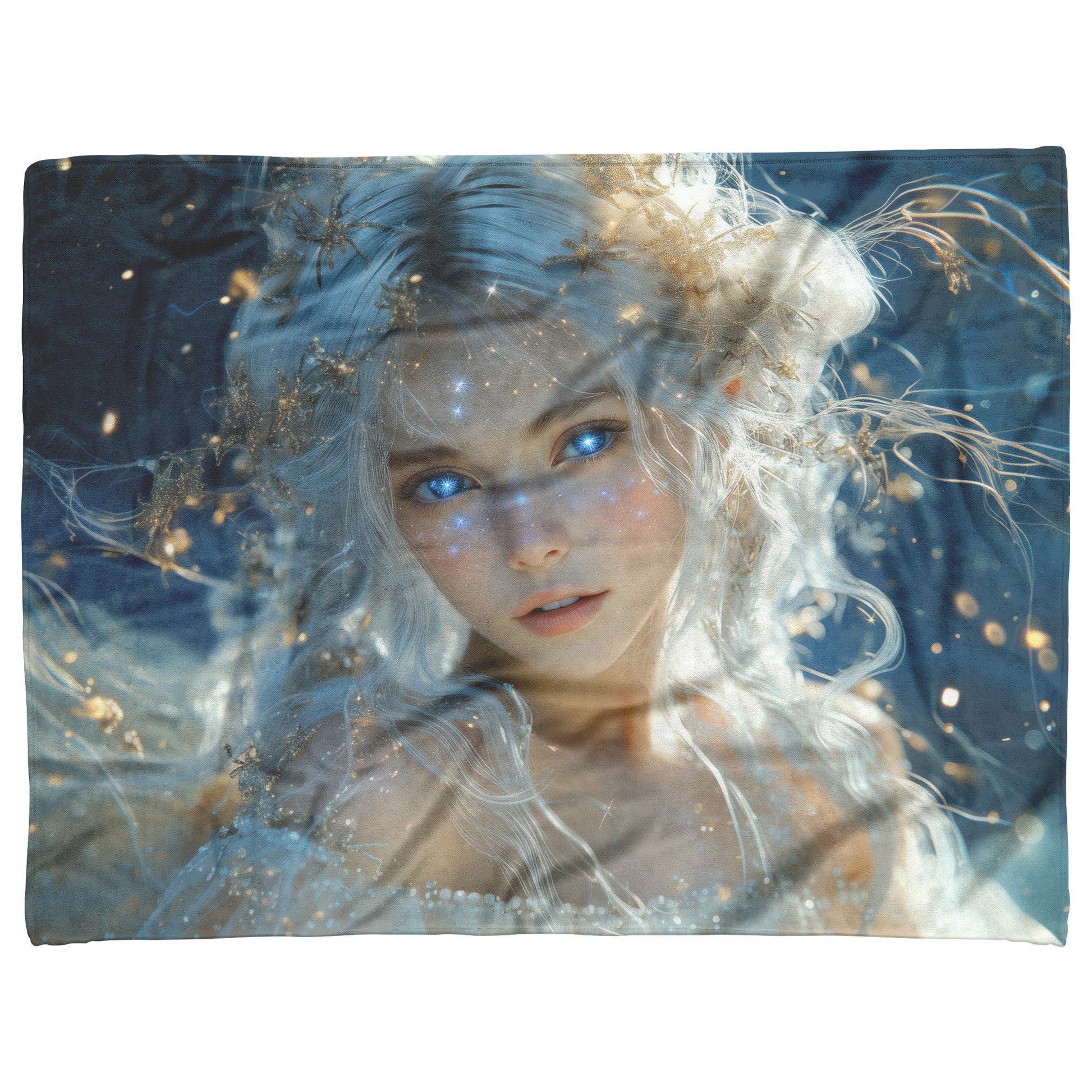 Celestial Goddess with Glowing Star Crown White Hair Galaxy Blue Eyes Starry Gown Navy Skies Fleece Sherpa Blanket - Awakening Righteousness