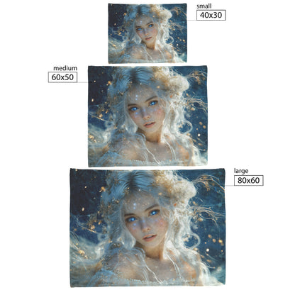 Celestial Goddess with Glowing Star Crown White Hair Galaxy Blue Eyes Starry Gown Navy Skies Fleece Sherpa Blanket - Awakening Righteousness