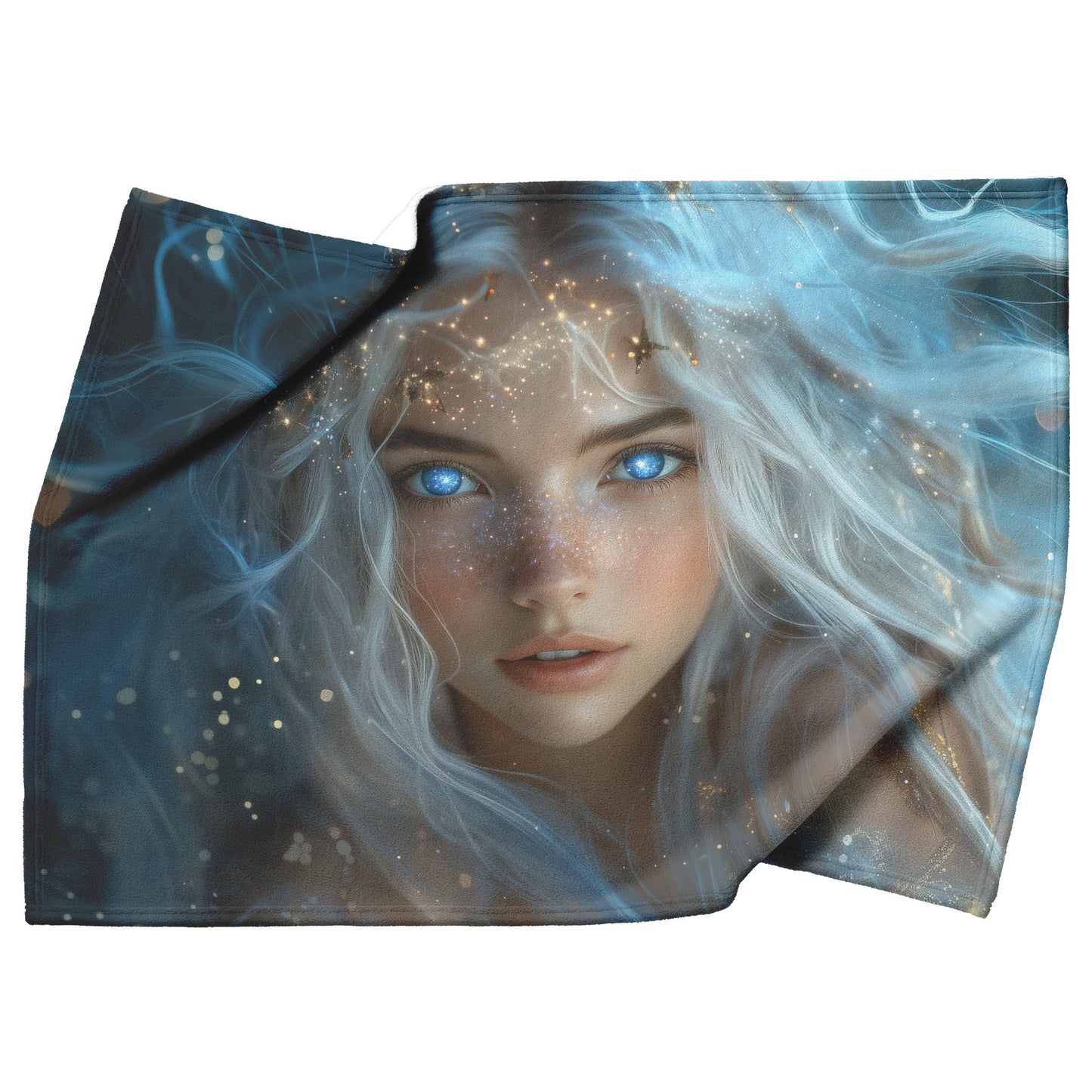 Celestial Goddess with Glowing Star Crown White Hair Galaxy Blue Eyes Starry Gown Navy Skies Fleece Sherpa Blanket - Awakening Righteousness