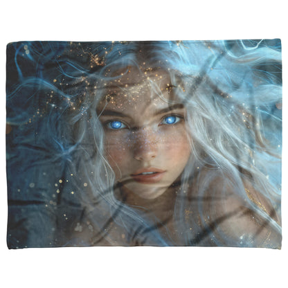 Celestial Goddess with Glowing Star Crown White Hair Galaxy Blue Eyes Starry Gown Navy Skies Fleece Sherpa Blanket - Awakening Righteousness