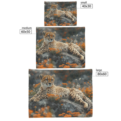 Cheetah Lounging on Rock Surrounded by Vibrant Grass Blooming Flowers Intricate Fur Textures Cozy Sherpa Blanket - Awakening Righteousness