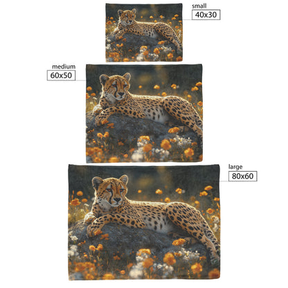 Cheetah Lounging on Rock Surrounded by Vibrant Grass Blooming Flowers Intricate Fur Textures Cozy Sherpa Blanket - Awakening Righteousness