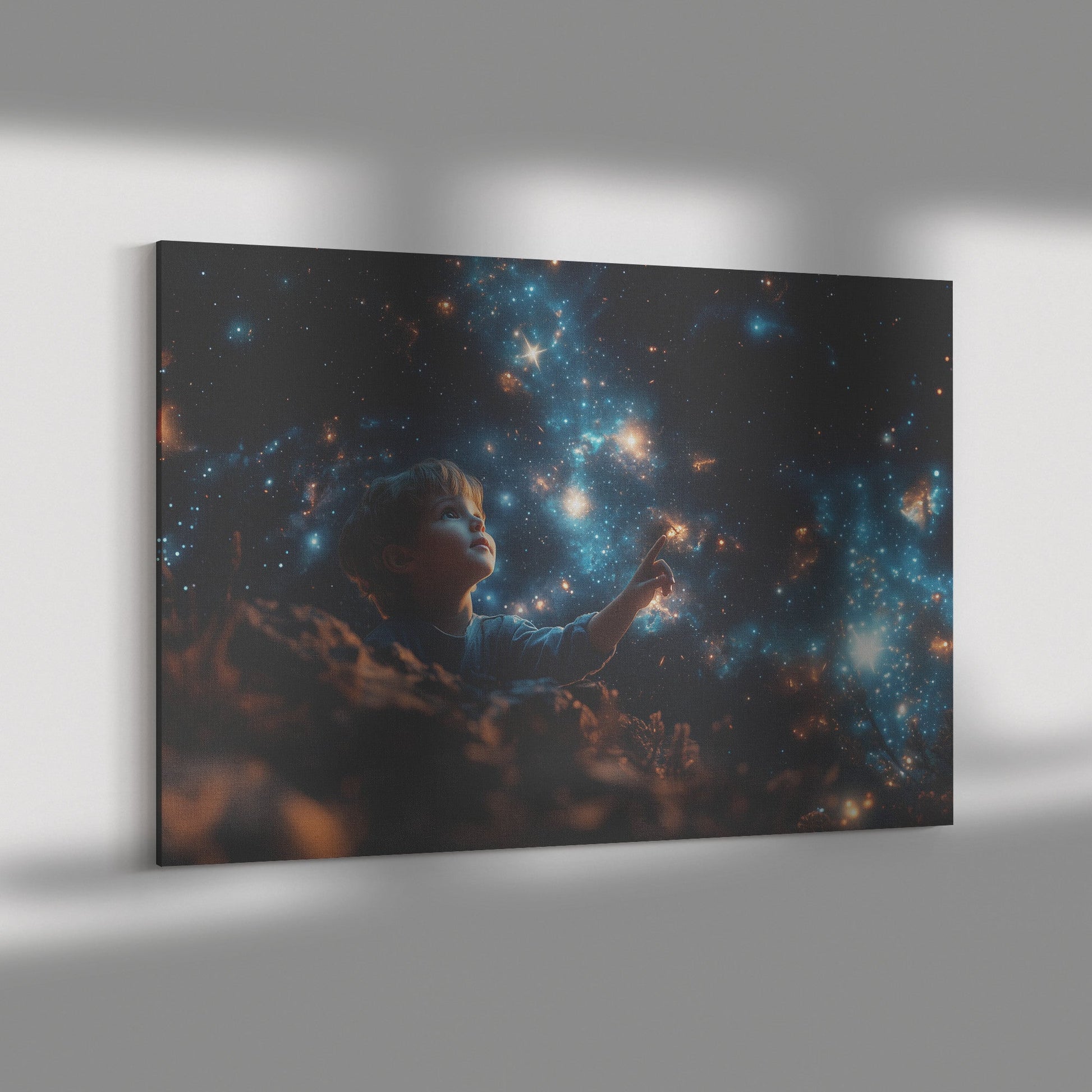 Child Gazing at the Stars in Cosmic Night Sky Inspirational Canvas Wall Art Decor for Home Nursery or Office - Awakening Righteousness