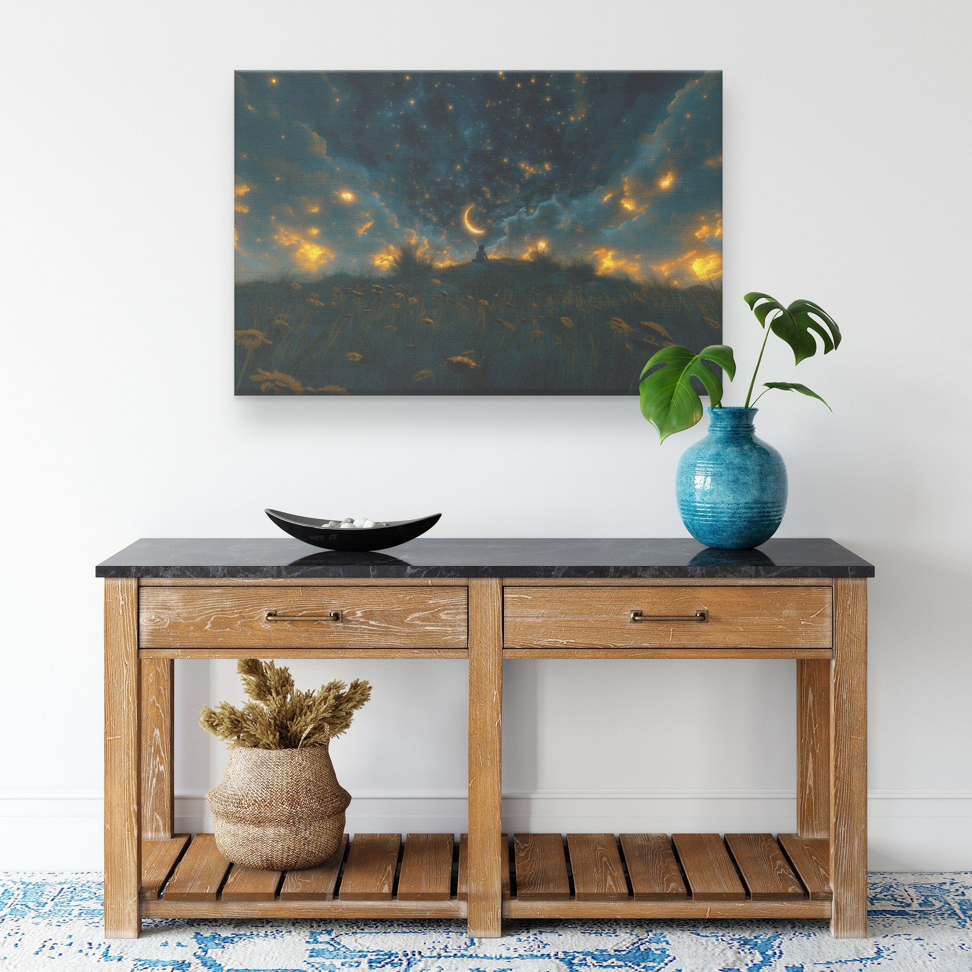 Child Praying Under Starry Night Sky with Crescent Moon and Glowing Clouds Christian Canvas Wall Art Decor - Awakening Righteousness