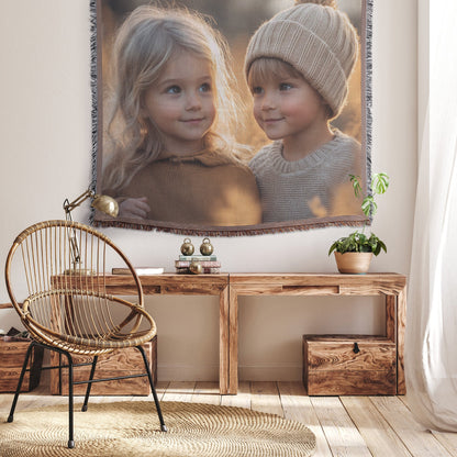 Children in Beige Sweaters at Sunset in Field of Reeds Cozy Woven Throw Blanket - Awakening Righteousness