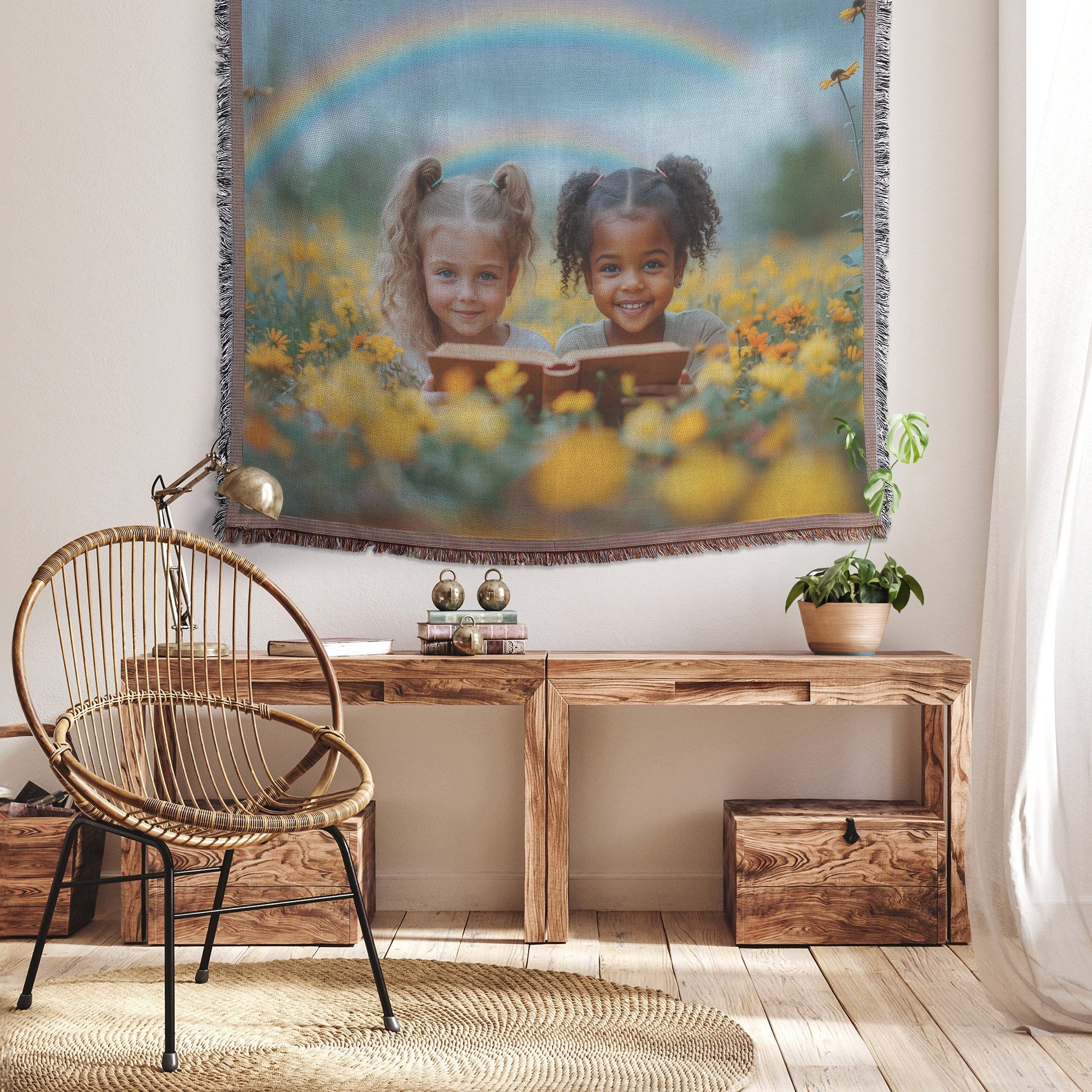 Children Reading in Flower Field with Rainbow Woven Throw Blanket - Awakening Righteousness