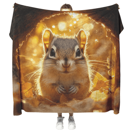 Chipmunk Hiding Inside Glowing Tree Hollow Surrounded by Soft Golden Leaves and Gentle Sunlight Fleece Sherpa Blanket - Awakening Righteousness