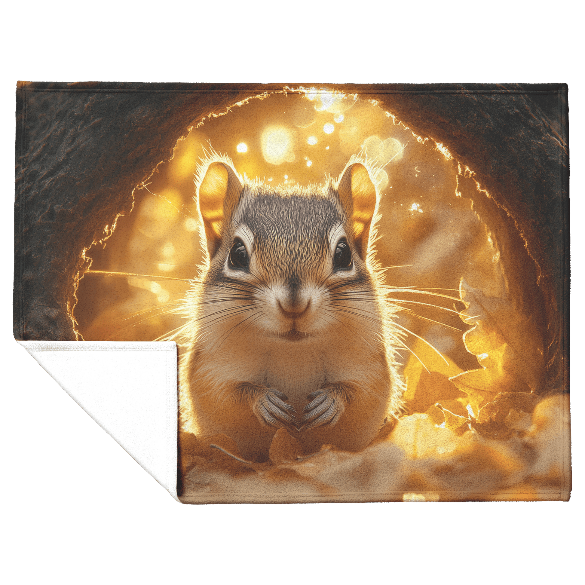 Chipmunk Hiding Inside Glowing Tree Hollow Surrounded by Soft Golden Leaves and Gentle Sunlight Fleece Sherpa Blanket - Awakening Righteousness