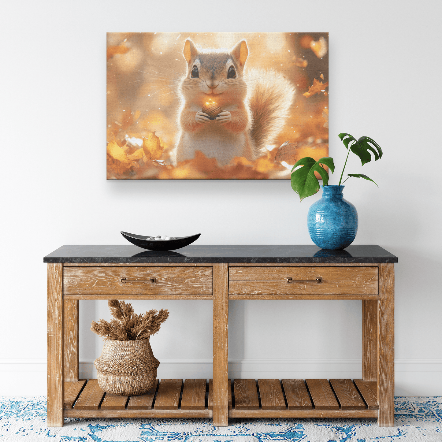 Chipmunk Holding Glowing Acorn In Vibrant Autumn Forest With Golden Leaves And Morning Mist Canvas Wall Art Decor - Awakening Righteousness