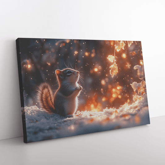 Chipmunk In Snowy Forest Surrounded By Glowing Frost Covered Branches And Twinkling Snowflakes Canvas Wall Art Decor - Awakening Righteousness