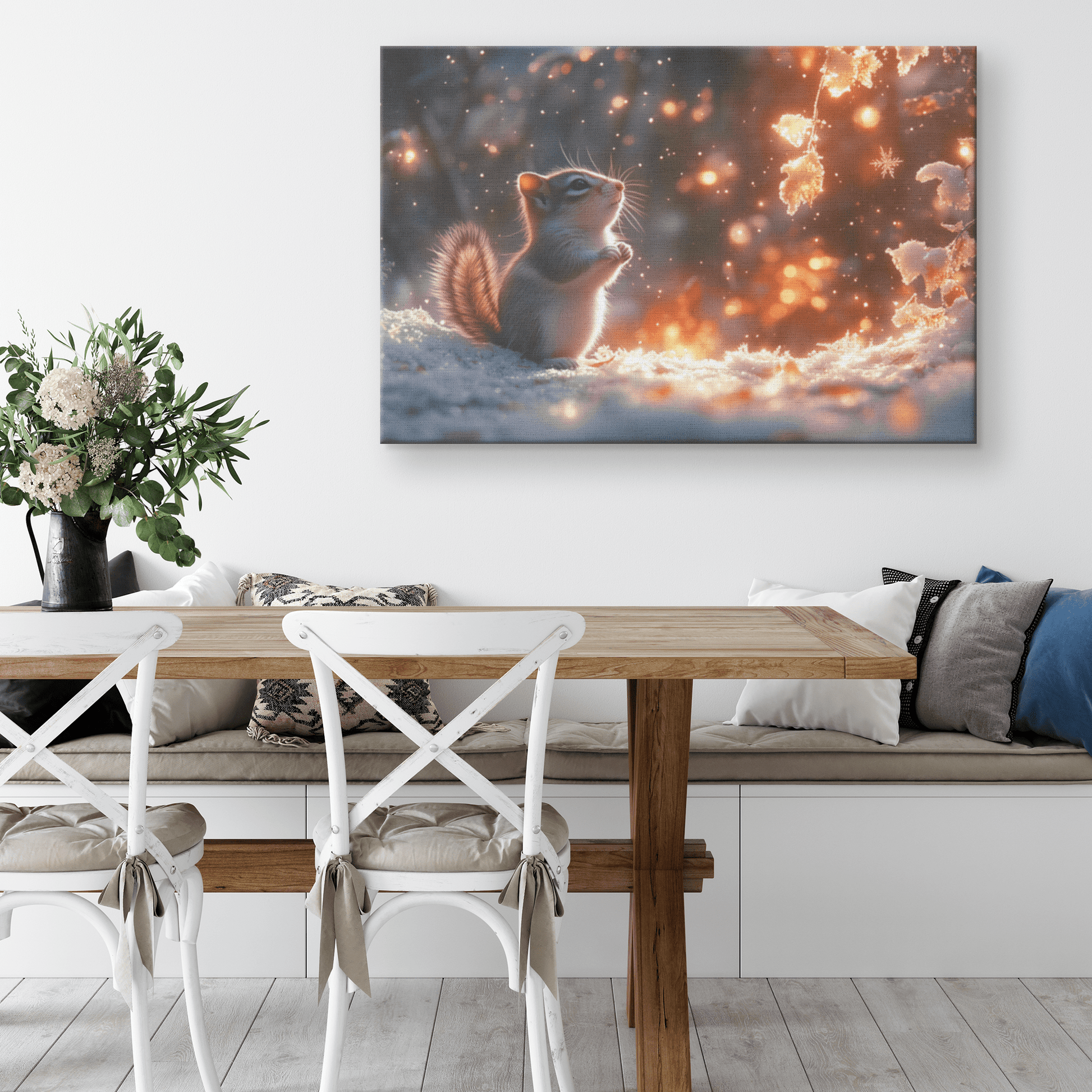Chipmunk In Snowy Forest Surrounded By Glowing Frost Covered Branches And Twinkling Snowflakes Canvas Wall Art Decor - Awakening Righteousness