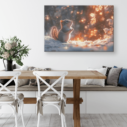 Chipmunk In Snowy Forest Surrounded By Glowing Frost Covered Branches And Twinkling Snowflakes Canvas Wall Art Decor - Awakening Righteousness