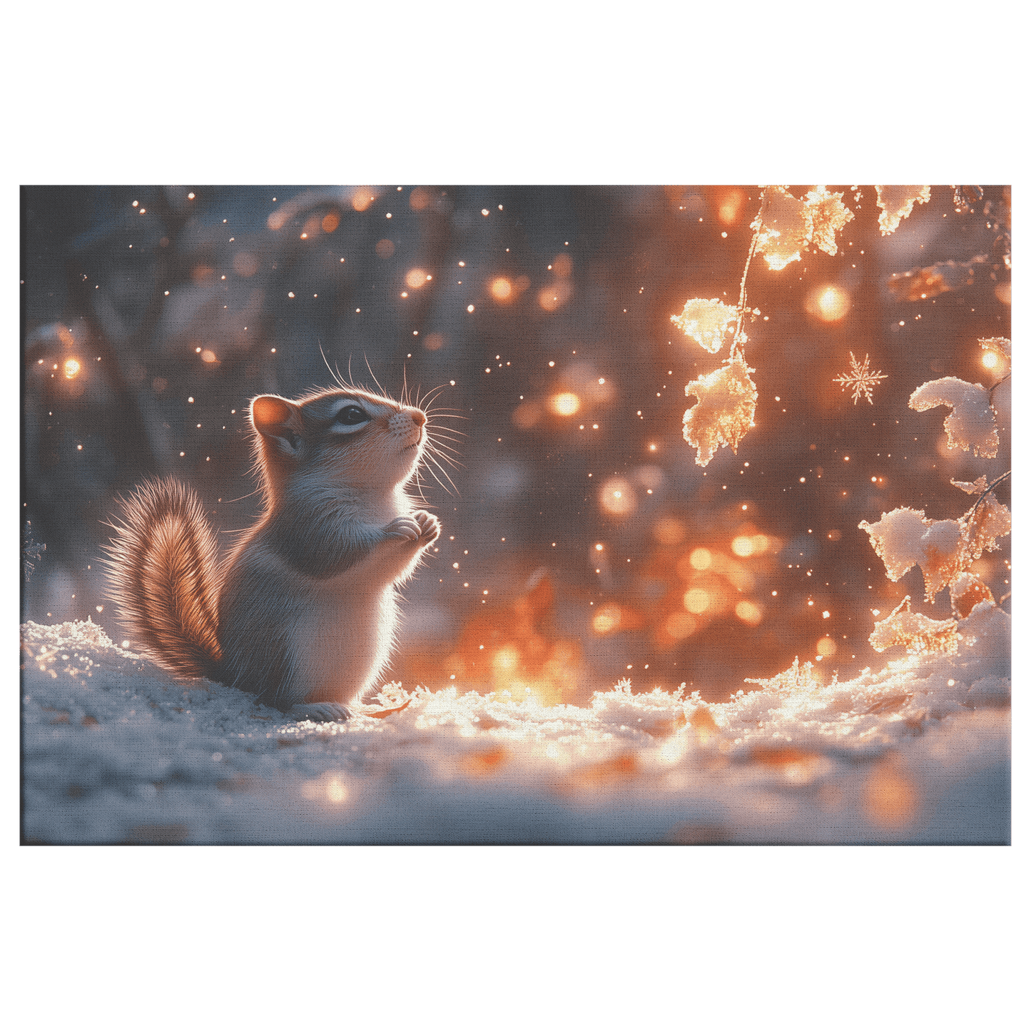 Chipmunk In Snowy Forest Surrounded By Glowing Frost Covered Branches And Twinkling Snowflakes Canvas Wall Art Decor - Awakening Righteousness