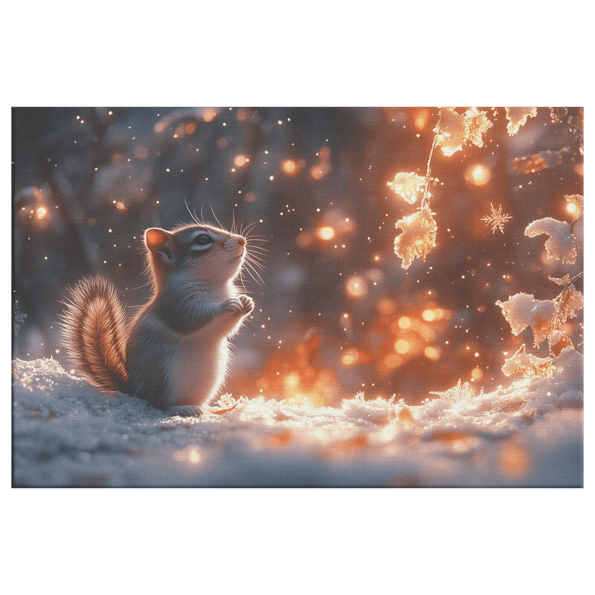 Chipmunk In Snowy Forest Surrounded By Glowing Frost Covered Branches And Twinkling Snowflakes Canvas Wall Art Decor - Awakening Righteousness