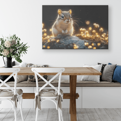 Chipmunk Perched On Mossy Stone With Glowing Plants And Ethereal Mist In Magical Twilight Forest Canvas Wall Art Decor - Awakening Righteousness