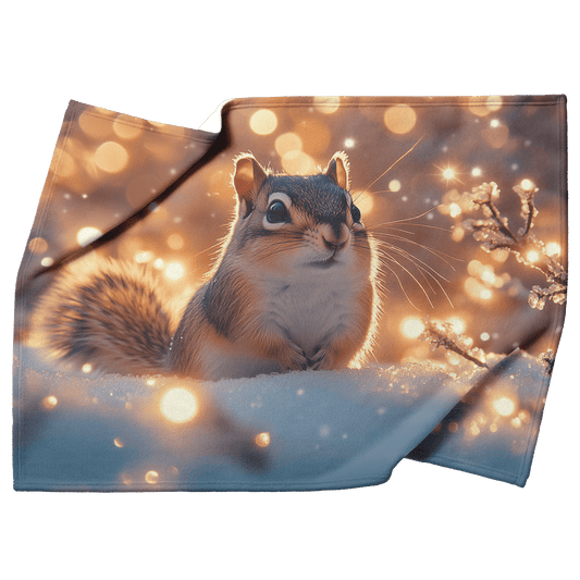 Chipmunk Standing in Snowy Forest Surrounded by Glowing Frost Covered Branches and Twinkling Snowflakes Fleece Sherpa Blanket - Awakening Righteousness