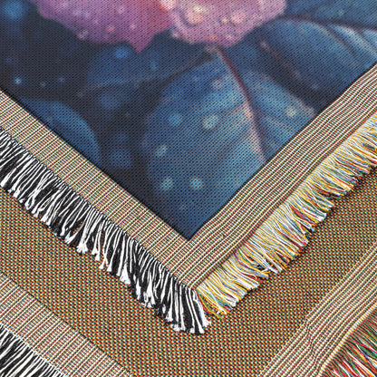 Close Up of Dew Kissed Pink Rose with Glowing Petals Woven Throw Blanket for Home Decor - Awakening Righteousness