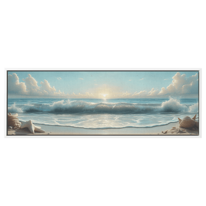 Coastal Illustration Rolling Waves Neutral Sandy Tones Soft Taupe Horizon Ultra High Definition Panoramic Framed Canvas Wall Art - Awakening Righteousness