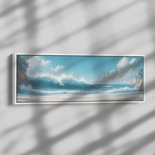 Coastal Illustration Rolling Waves Neutral Sandy Tones Soft Taupe Horizon Ultra High Definition Panoramic Framed Canvas Wall Art - Awakening Righteousness