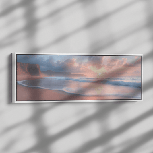Coastal Scene Soft Waves Muted Pastel Skies Neutral Sandy Shores Ultra High Definition Minimalist Panoramic Framed Canvas Wall Art - Awakening Righteousness