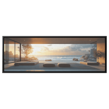 Coastal View Calm Waves Beige Gray Muted Tones Minimalist Detailing Ultra High Definition Tranquil Panoramic Framed Canvas Wall Art - Awakening Righteousness