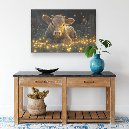 Cow Resting Near Old Wooden Fence Surrounded by Glowing Fireflies in Magical Twilight Meadow Canvas Wall Art - Awakening Righteousness