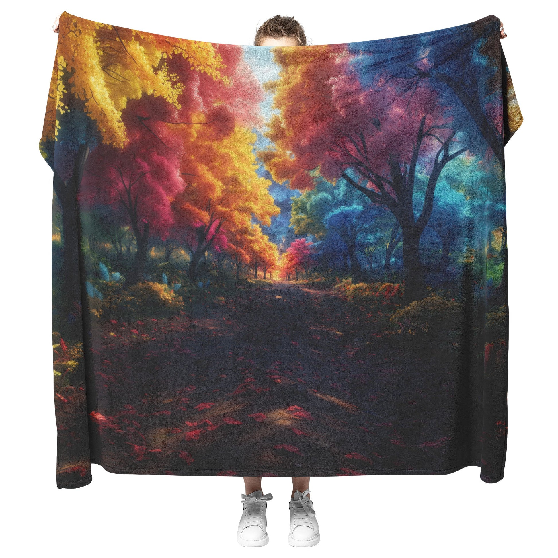 Cozy Autumn Forest Path Cozy Fleece Sherpa Blanket with Fall Leaves and Scenic Nature View - Awakening Righteousness