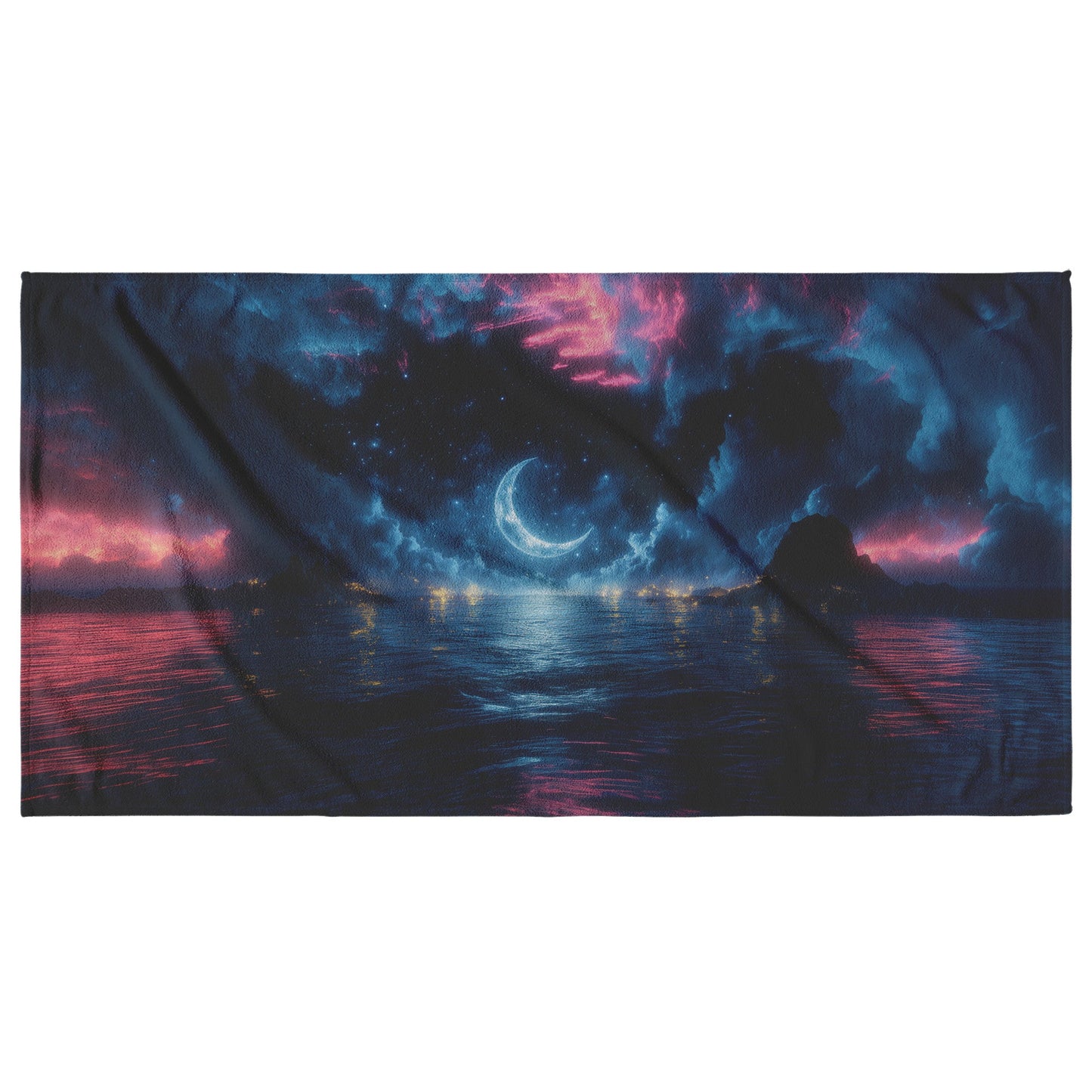 Crescent Moon Over Ocean Beach Towel Stars Reflecting Shimmering Waves Silver Glow Surreal Deep Blue Hues - Awakening Righteousness