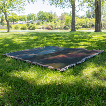 Cross at Sunset Woven Throw Blanket Christian Scenic Decor with Vibrant Flowers and Tranquil Evening Sky - Awakening Righteousness