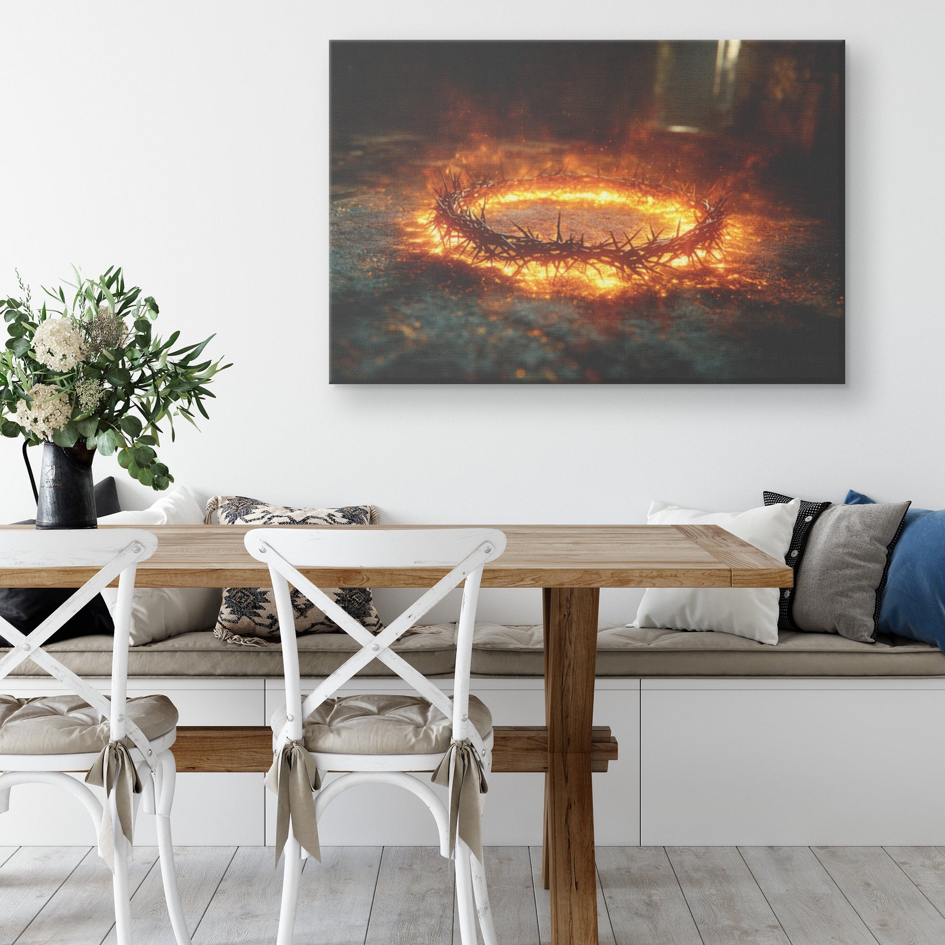Crown of Thorns Ablaze Christian Canvas Wall Art Symbolizing Sacrifice Faith and Redemption - Awakening Righteousness