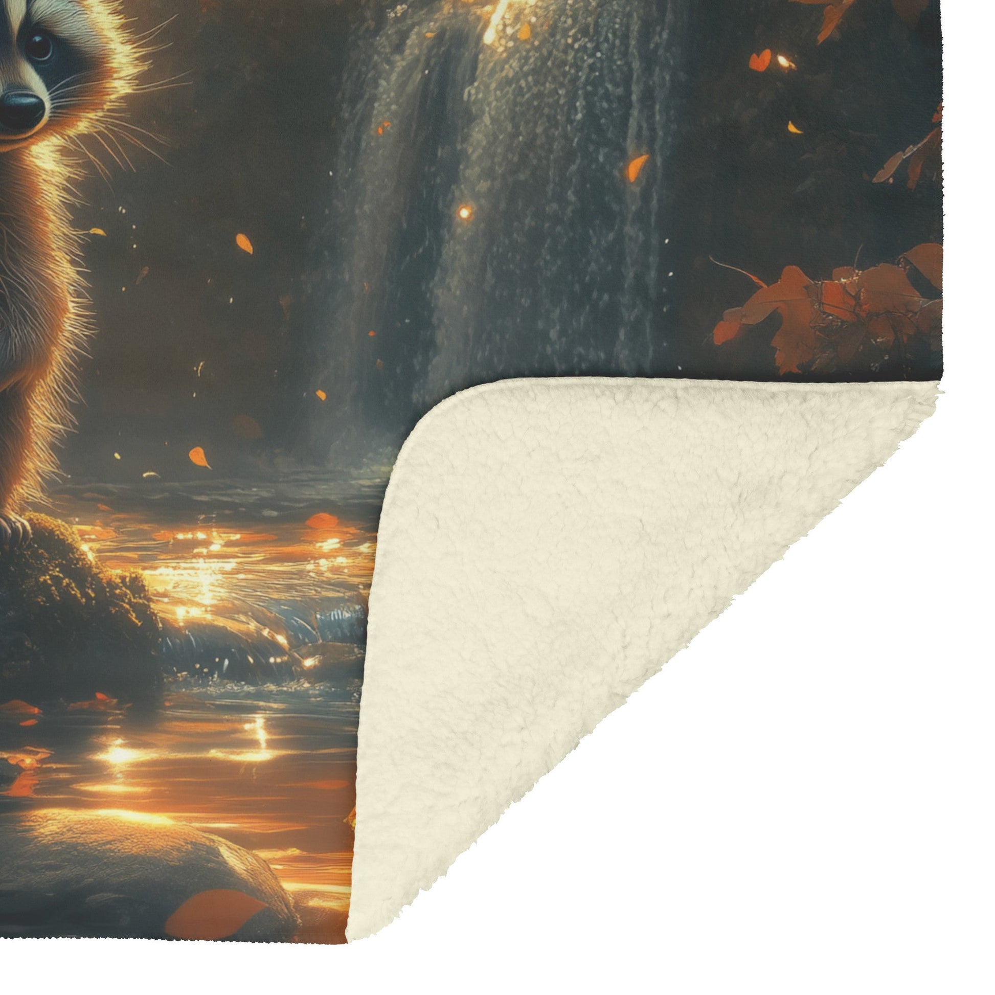 Curious Raccoon by Glowing Waterfall Mossy Rocks Vibrant Plants Soft Light Fleece Sherpa Blanket - Awakening Righteousness