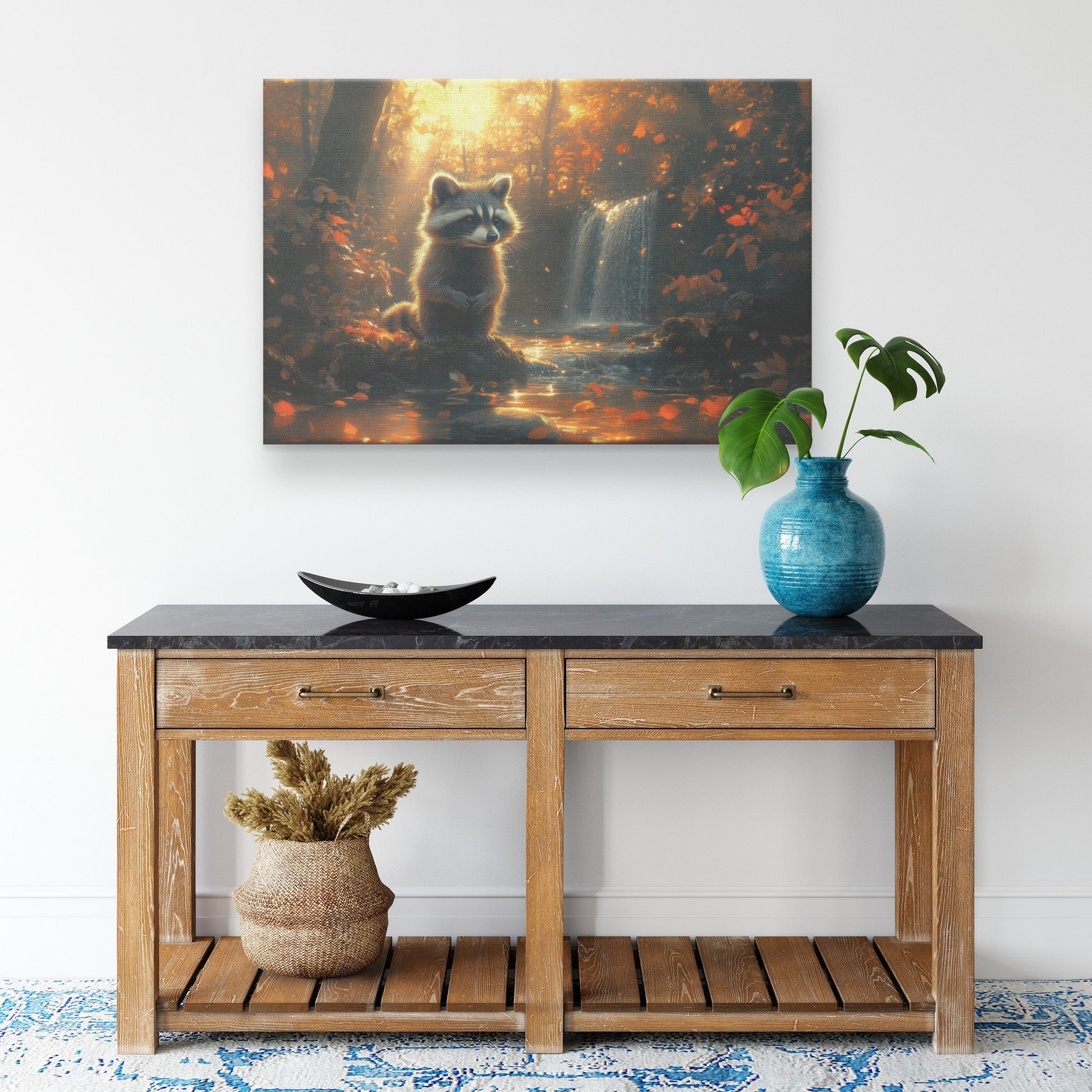 Curious Raccoon Near Glowing Waterfall Mossy Rocks Vibrant Plants Soft Light Canvas Wall Art Decor for Home or Office - Awakening Righteousness