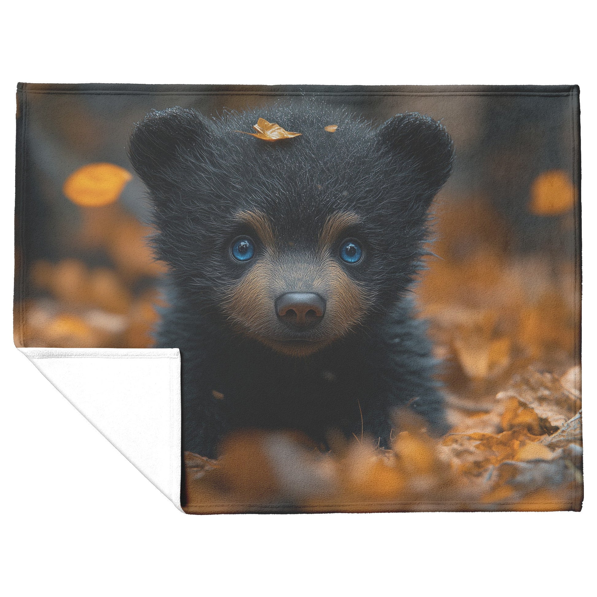 Cute Autumn Black Bear Cub with Blue Eyes Cozy  Fleece Sherpa Blanket - Awakening Righteousness